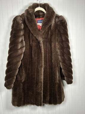 Vintage OUTERLAYERS Faux Mink Fur Coat Jacket Size 13/14 Braided Brown USA Made